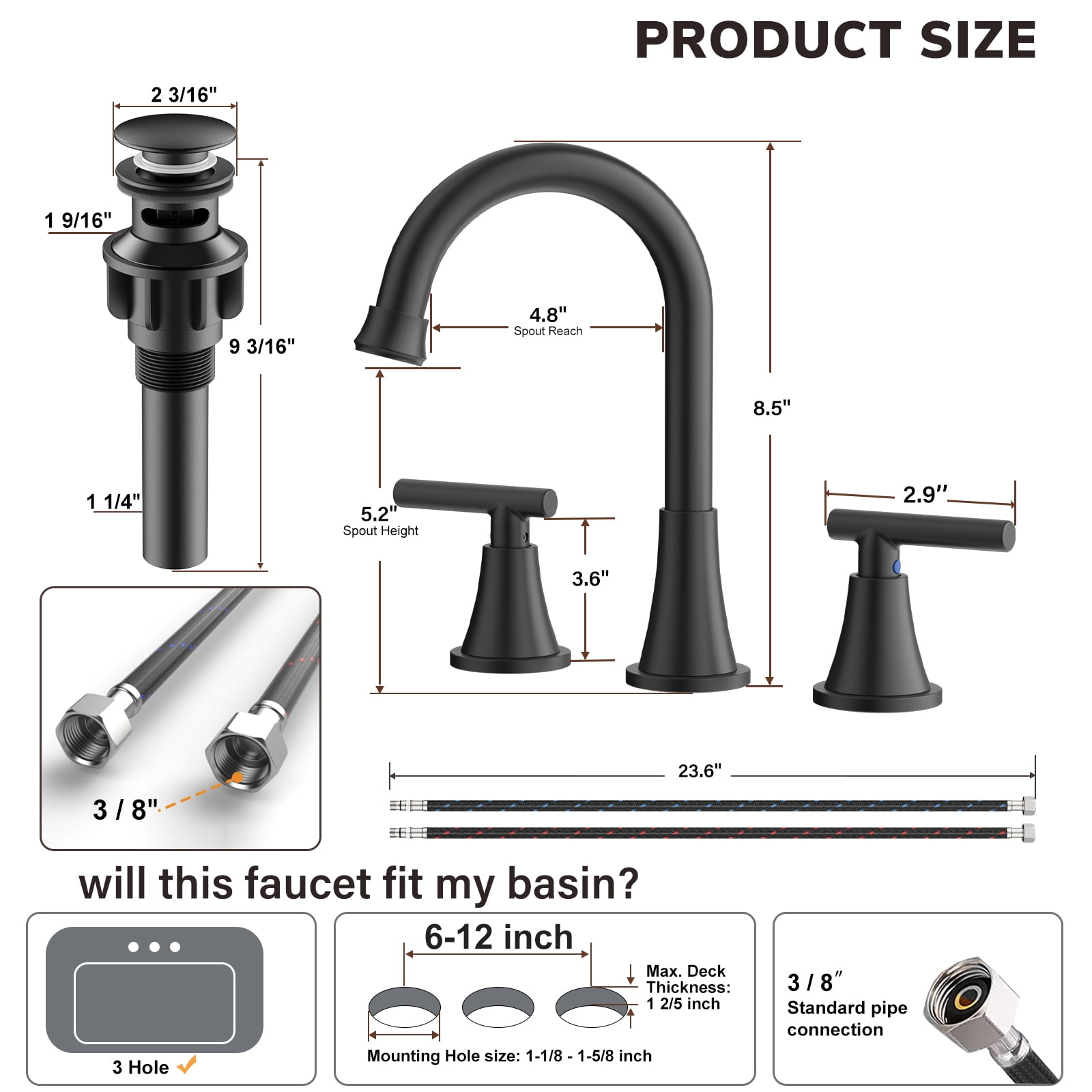 KINGTACK Bathroom Faucet for Sink 3 Hole, 8 Inch Bathroom Faucets with Pop-up Drain and Supply Lines, Matte Black