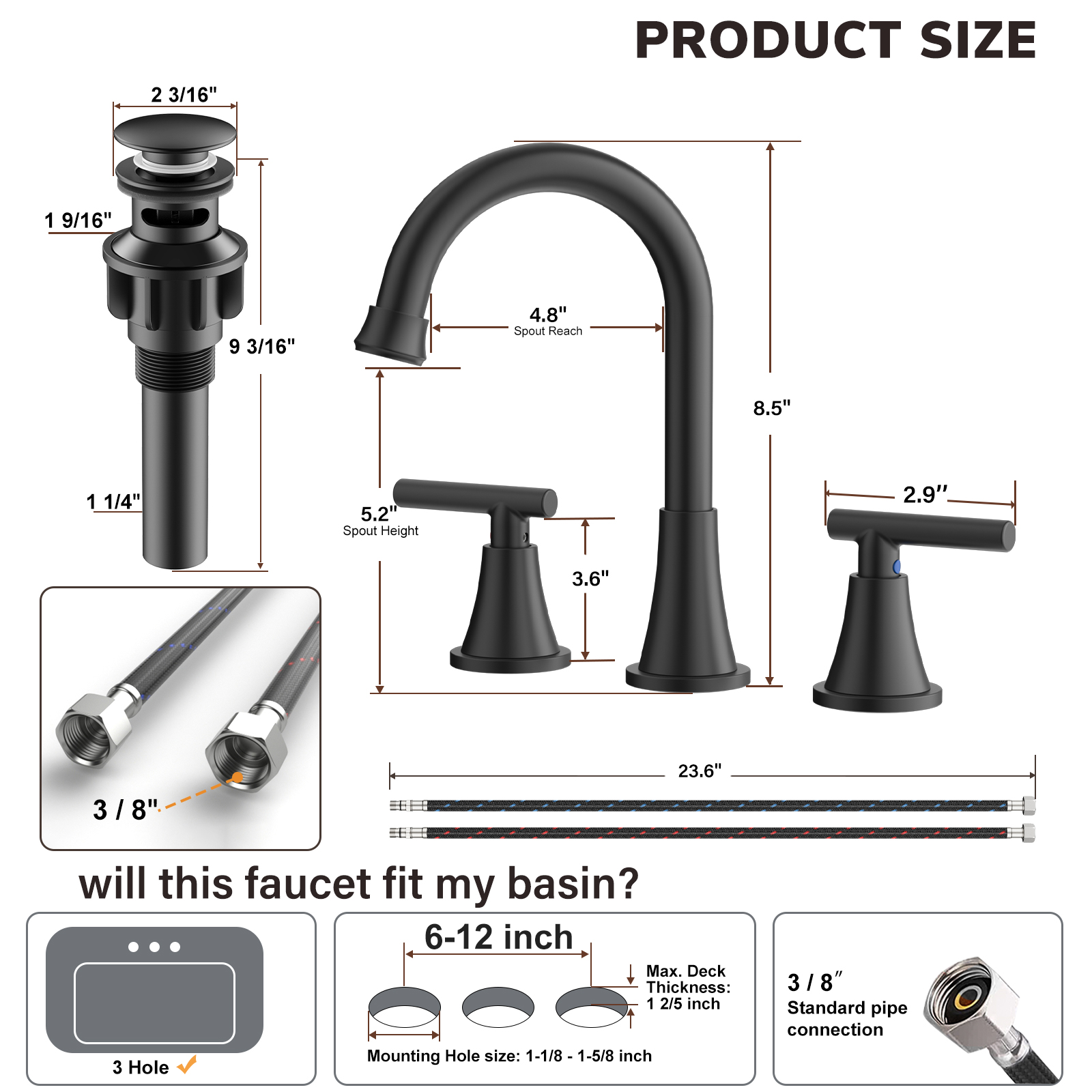 KINGTACK 8-Inch Matte Black Bathroom Sink Faucet photo 7