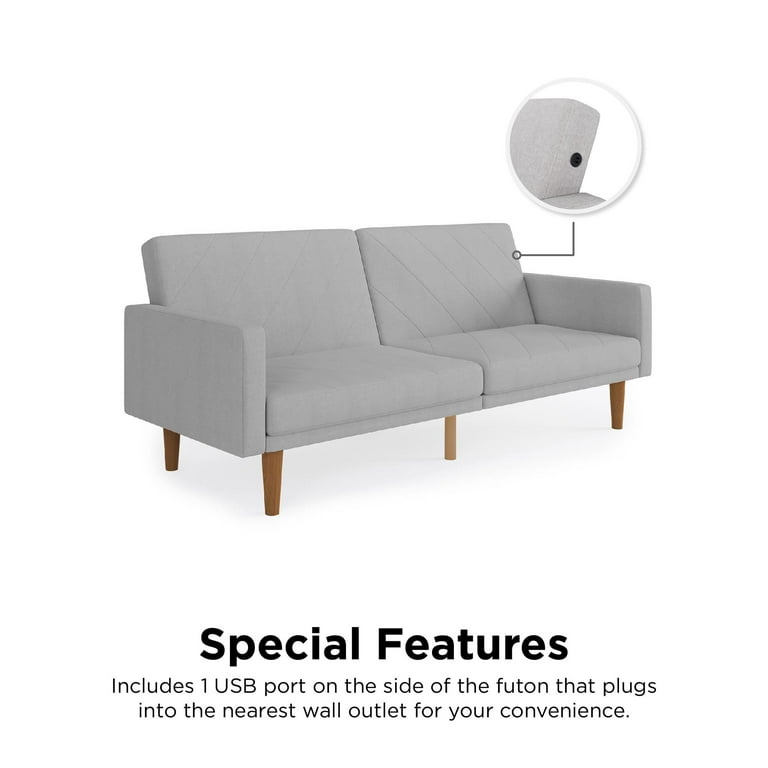 DHP Paxson Futon with USB Port Convertible Sofa Bed Light Gray