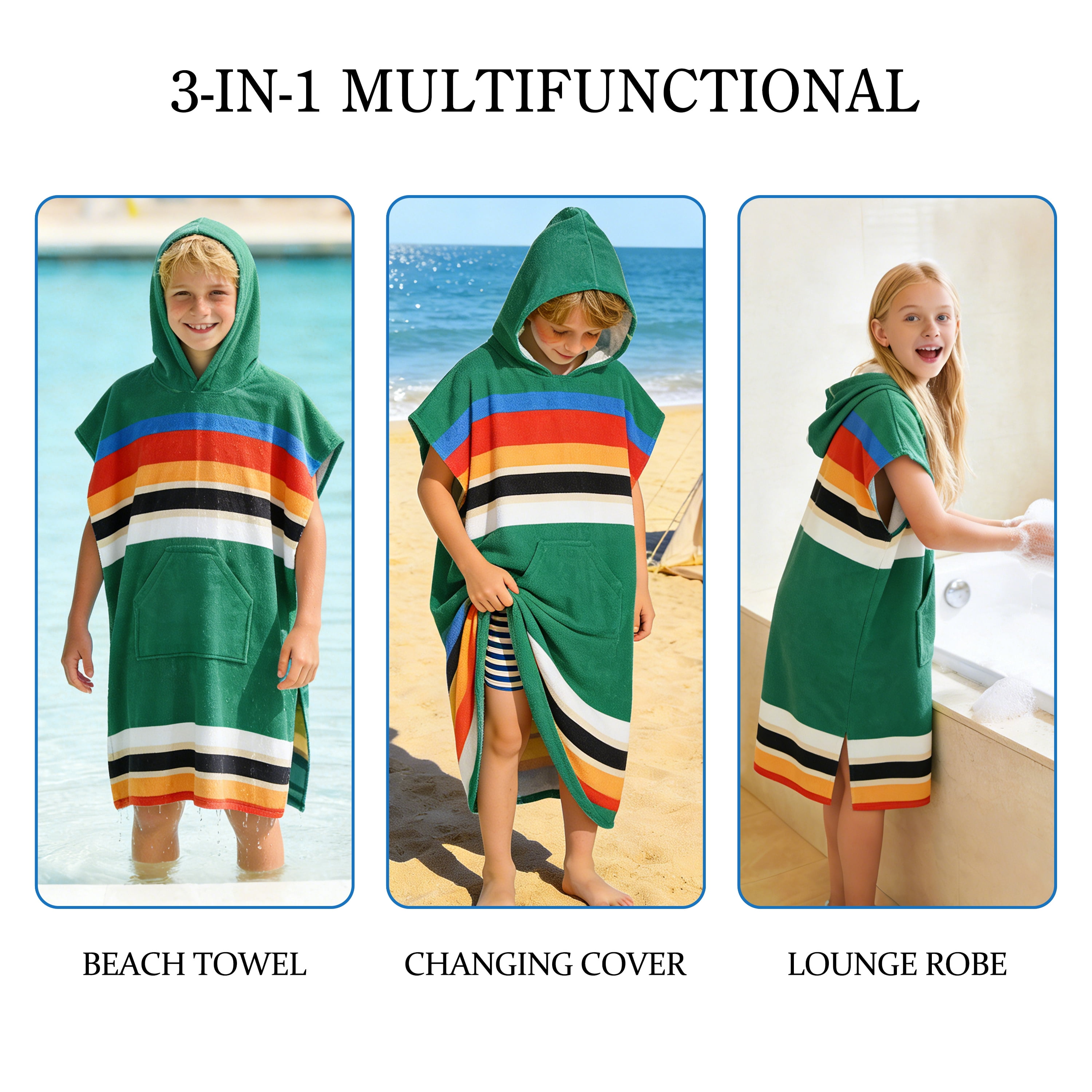 Catalonia Kids Hooded Poncho Towel, 100% Cotton Absorbent Changing Robe for the Beach, Pool, and Bath, Cute Gifts for Childrens (Boys and Girls), Green Stripe