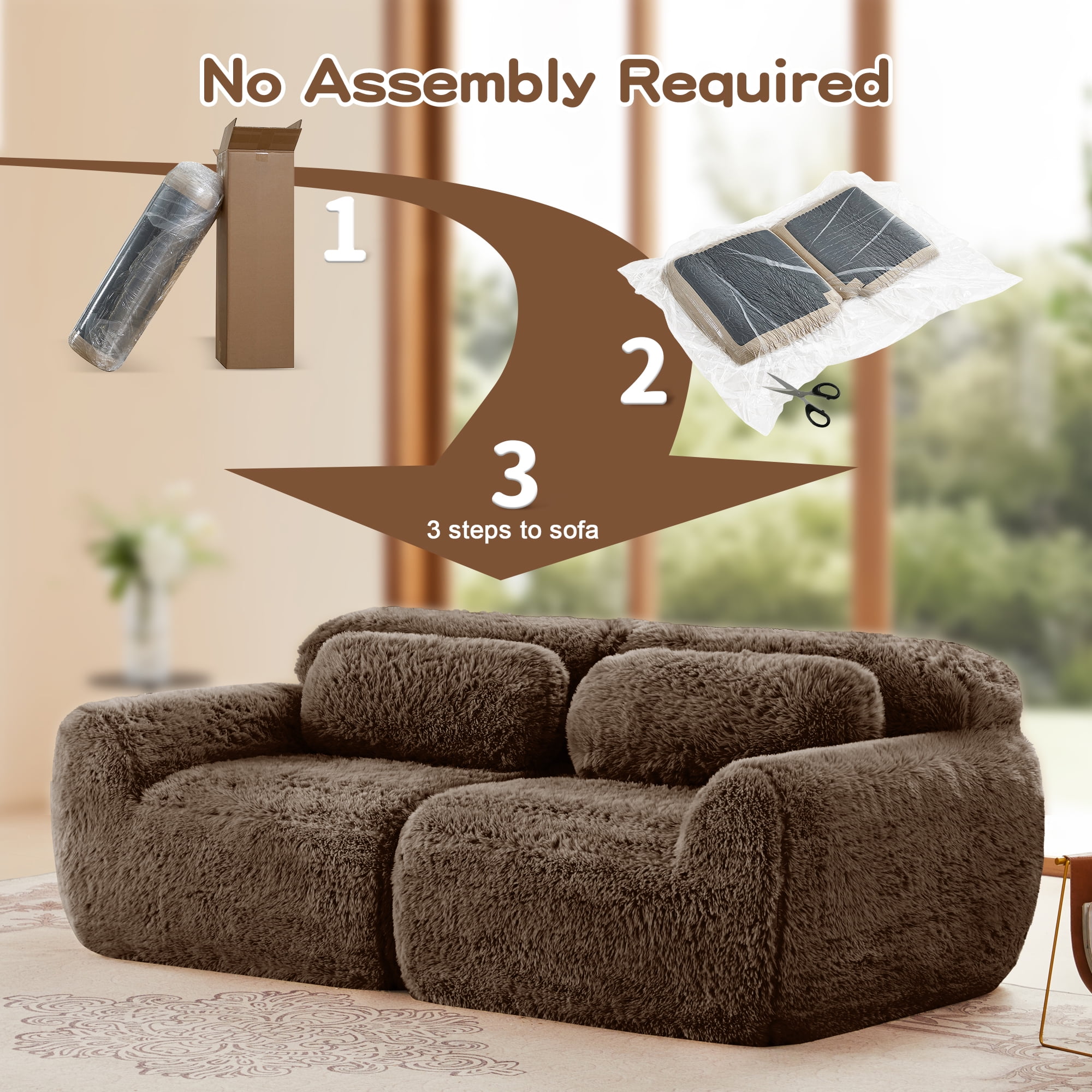 MAYEERTY 80" Chocolate Modular Sectional Sofa, Plush Fabric 32D High Density Foam Non-Slip Base No Assembly Ergonomic Design with Armrest for Living Room