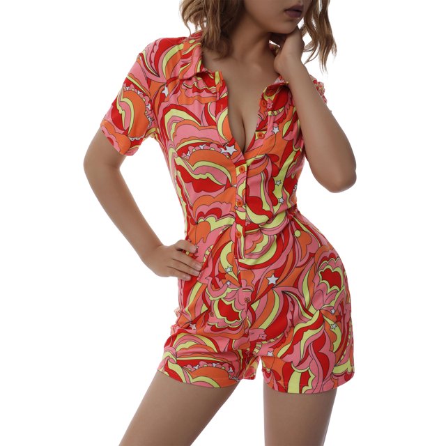Txlixc Mameluco estampado con botones para mujer, mono corto de manga corta con cuello de solapa para verano Txlixc Sexy