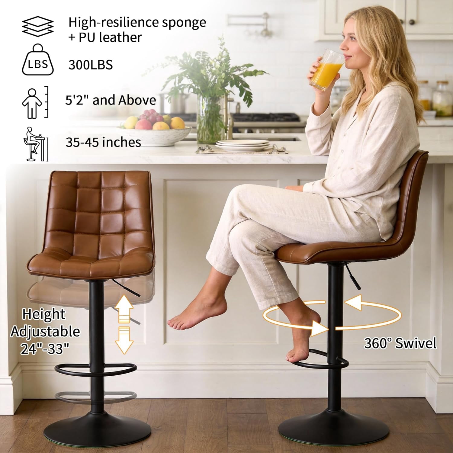 FIRAVOE Bar Stools with Back Set of 4, Adjustable Counter Height Bar Stools, Swivel Barstools Faux Leather Bar Chairs for Kitchen Island, Brown