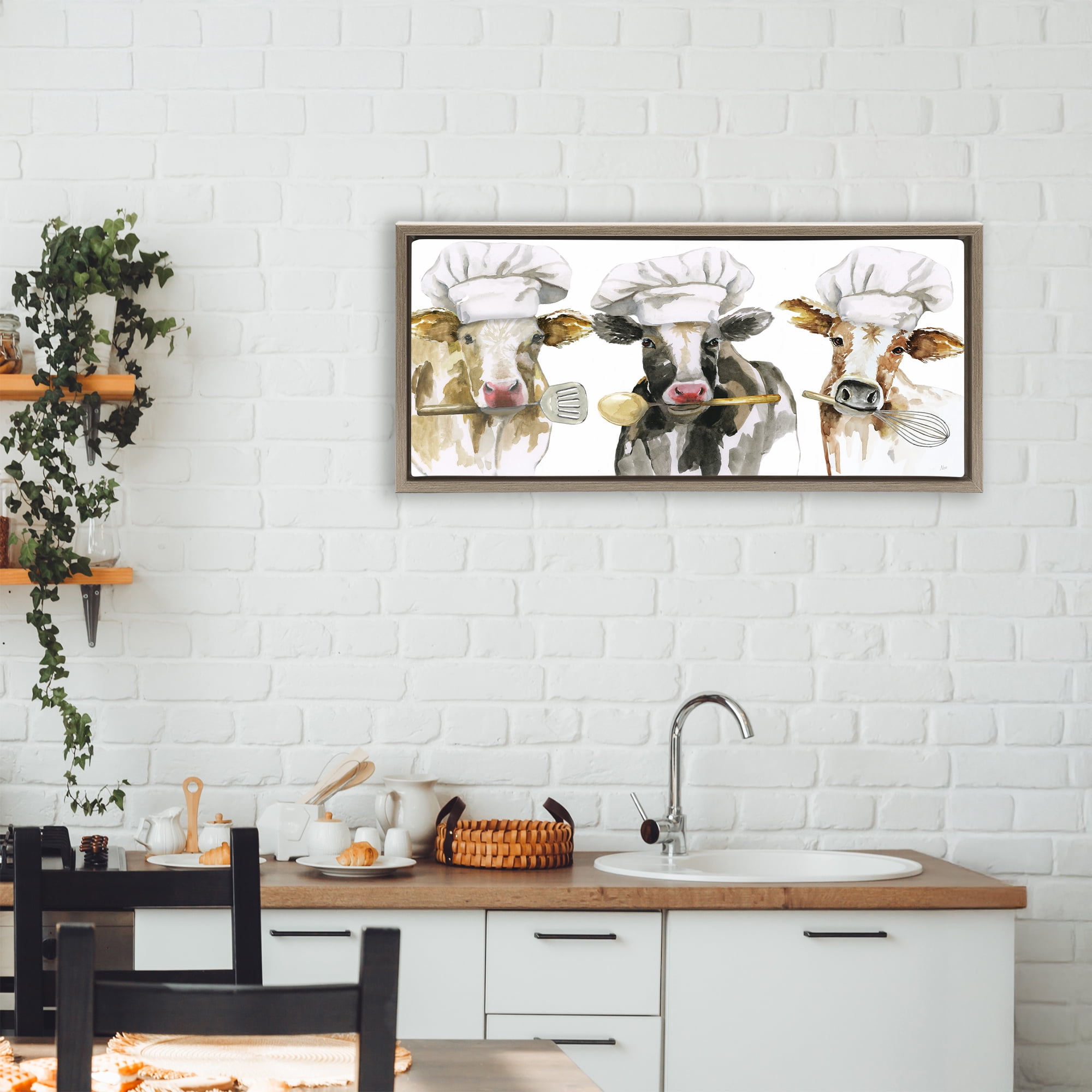 Stupell Industries Cow Chefs with Utensils Brown Framed Floater Canvas Wall Art, design by Nan