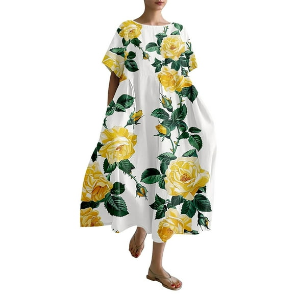 XVJRHAK Garden Party Dress Women's Retro Botanical Floral Design Printed Casual Loose Dress With Pocket (Mint Green,L)