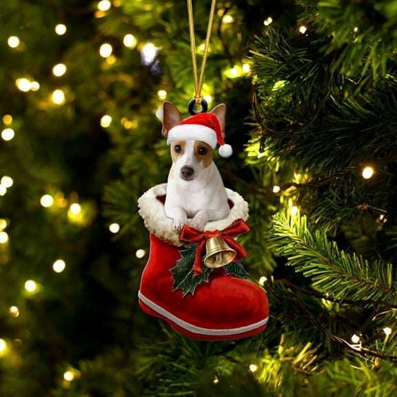 Acrylic 2D FLAT Rat Terrier In Santa Boot Christmas Hanging Ornament