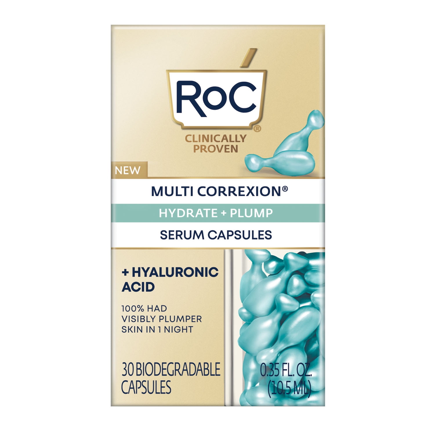 RoC Multi Correxion Hydrate + Plump Night Serum Capsules, Hyaluronic Acid, 30 Ct