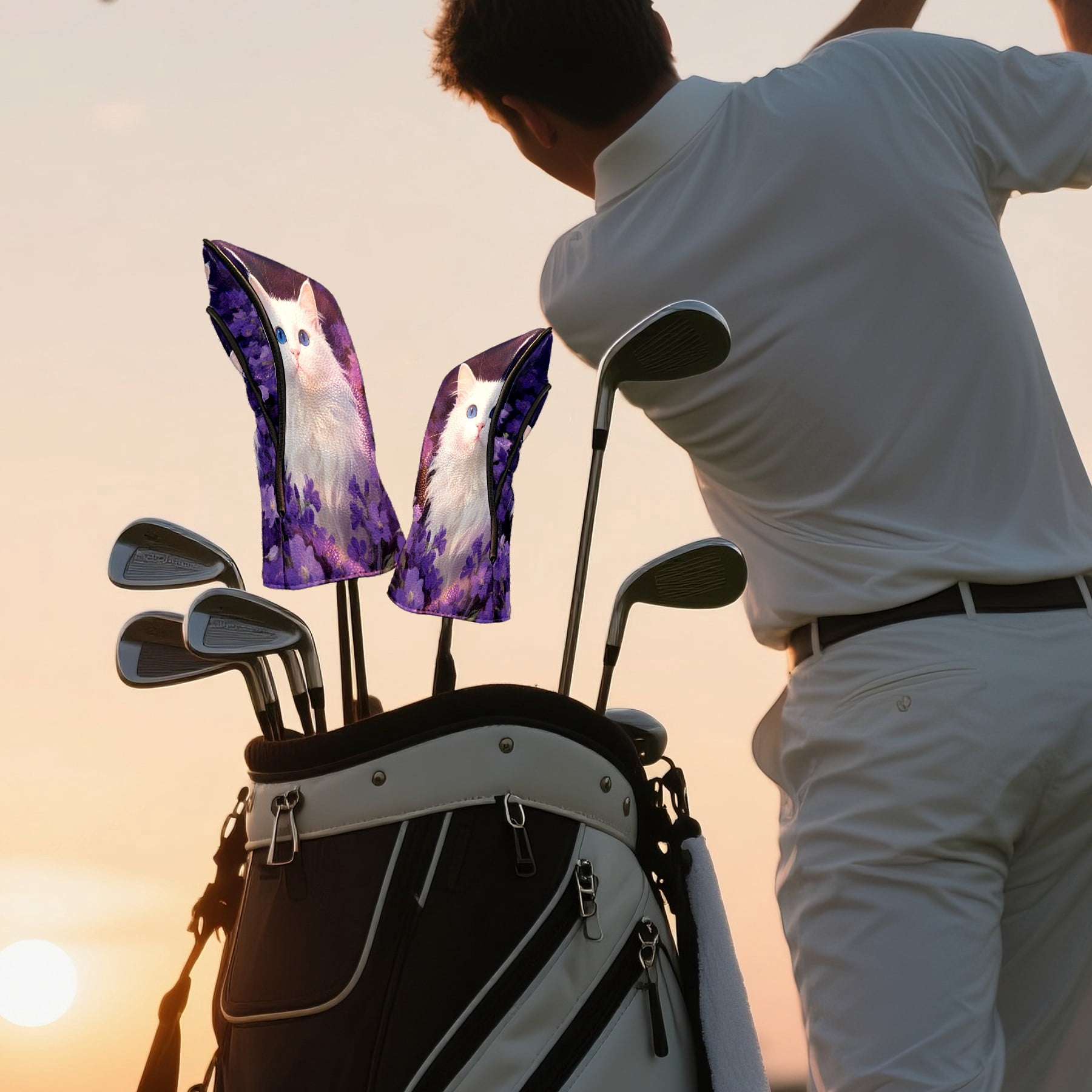 Golf Head Covers Purple Cat Design for Driver, Wood & Hybrid, Premium Waterproof PU Leather with Plush Lining, Mystical Animal Golf Gifts
