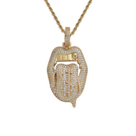 Iced Out Crazy Dollar Blazing Tongue Creative 14K Yellow Gold Pendant Full Shiny Colored CZ Necklace Hip Hop Charm Jewelry for Men Women