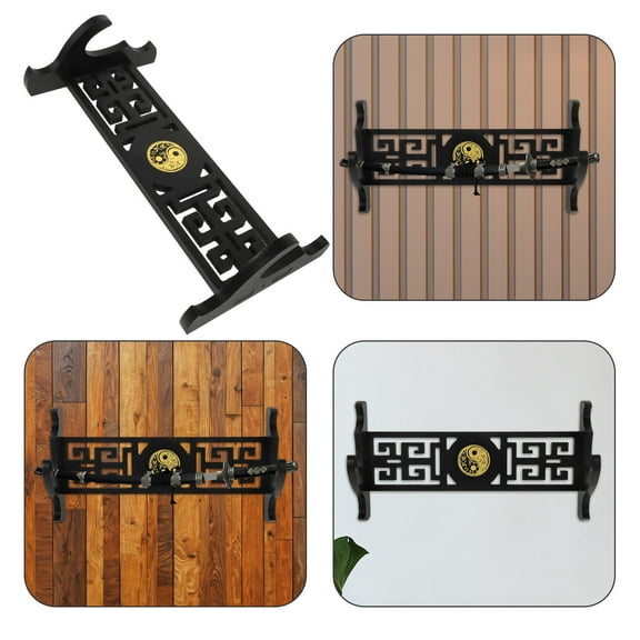 HEATSHAKING Sword Display Stand 1Pack Black Wood Wall Mount Sword Rack with Hollow Carved Design for Living Room
