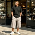 thumbnail image 6 of Zimjoy Men's Below Knee Length Cargo Shorts Elastic Drawstring Capri Bermuda Loose Fit Casual Streetwear Walking Utility Shorts with Multi Pockets Beige S, 6 of 7