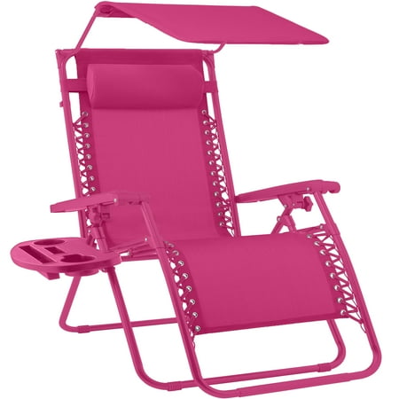 Best Choice Products Folding Zero Gravity Recliner Patio Lounge Chair W/ Canopy Shade, Headrest, Tray - Hot Pink