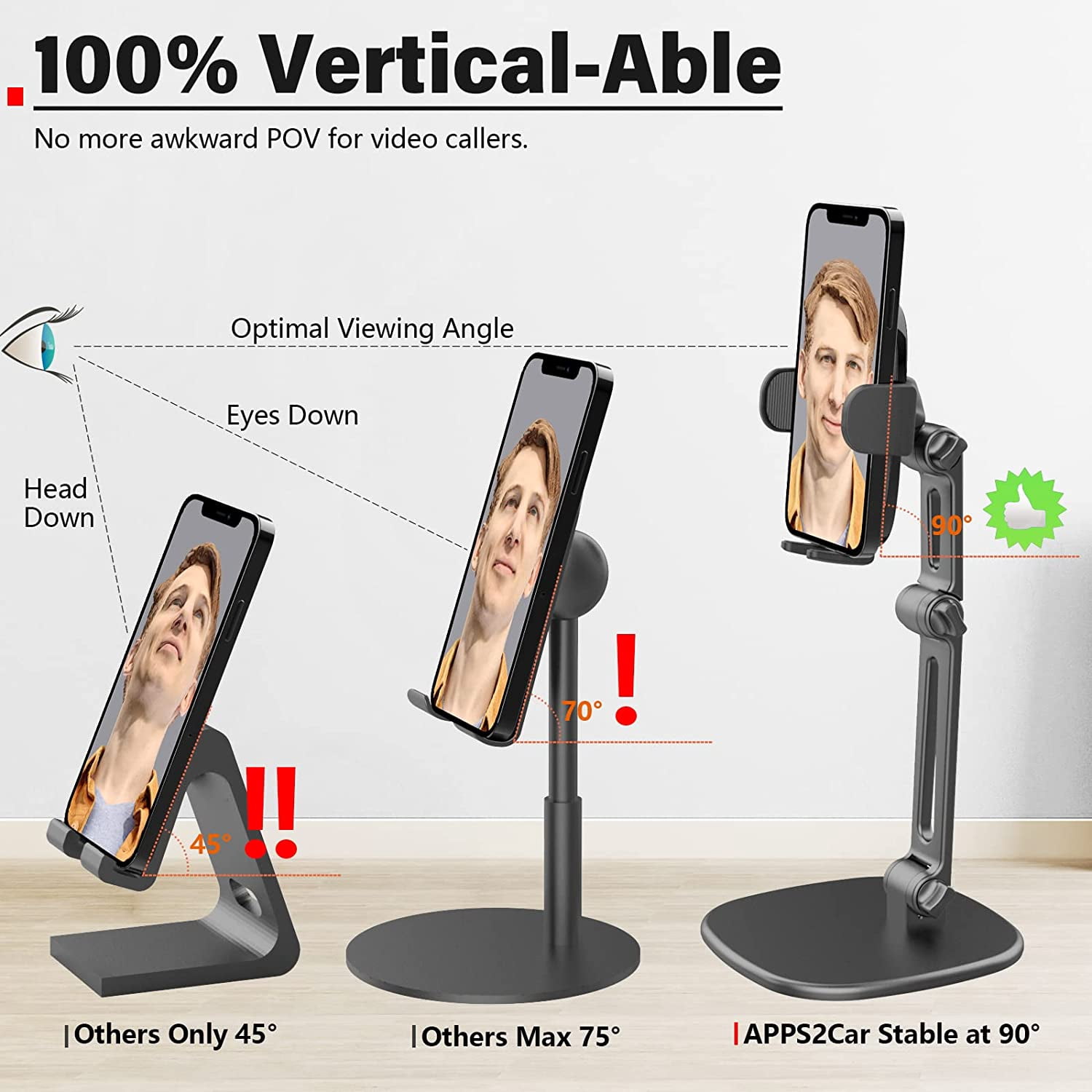 Phone Stand for Desk [No Dropping Stable Triple-Clamp Holder] Adjustable Height 360 Degree Rotation Heavy Base Thick Case Friendly, Multifunctional Cell Phones Stand for iPhone Android Phones