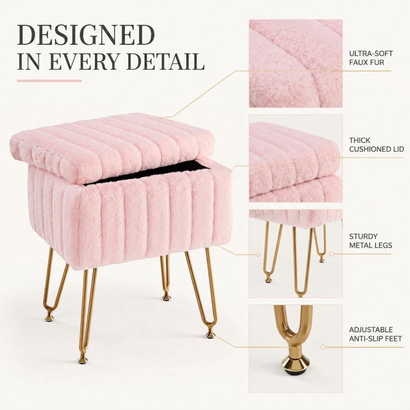 BEAUTYPEAK Vanity Stool with Storage Faux Fur Padded Makeup Ottoman with Gold Metal Legs and Adjustable Feet 18.9" Footstool, Pink