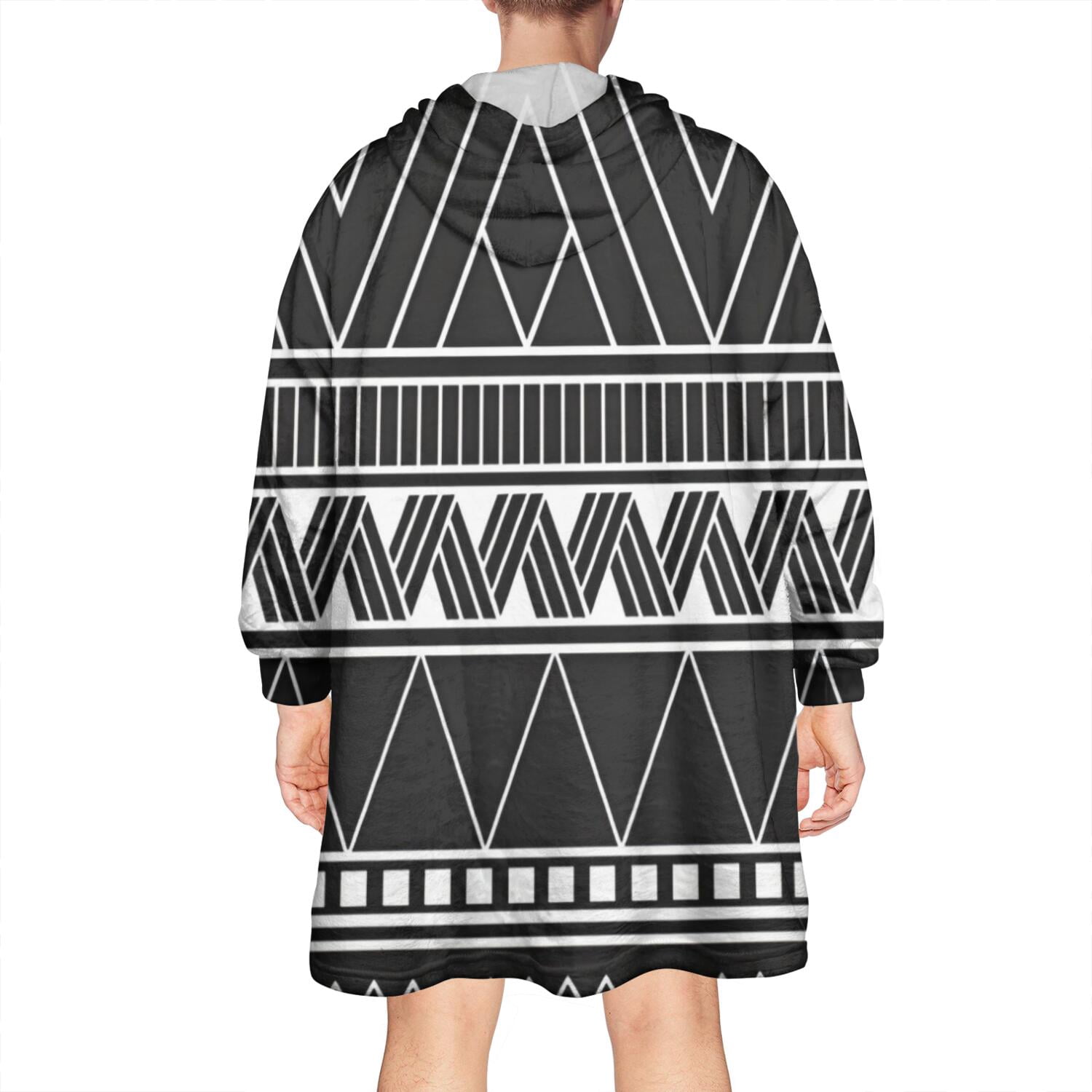 Wearable Oversized Blanket,Black Geometric Striped Pattern Wearable Blanket Hoodie for Adults,Cozy Hooded Blankets with Super Pockets,Super Warm Fuzzy Pullover for Women & Men