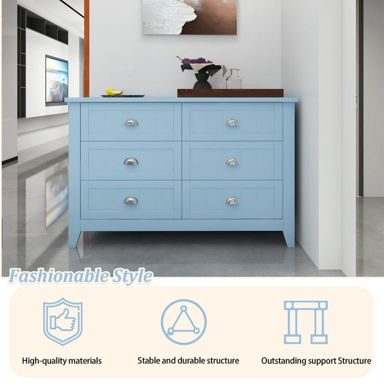 HIUU Wood 6 Drawer Dresser,Mid Century Modern Chest of Drawers for Living  Room,Antique Blue Dressers with Shell Handle