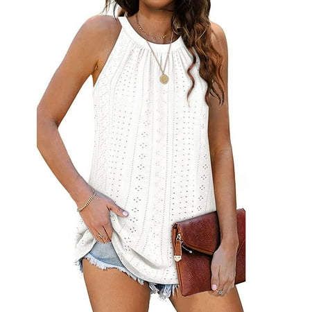 

Saodimallsu Women Sleeveless Halter Casual Pleated Summer Flowy Cami Shirts