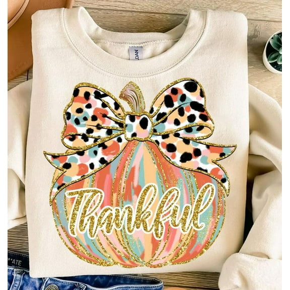 Thankful Pumpkin Sweater, Colorful Gold Glitter Coquette Fall Bow Girls Thanksgiving Sweatshirt