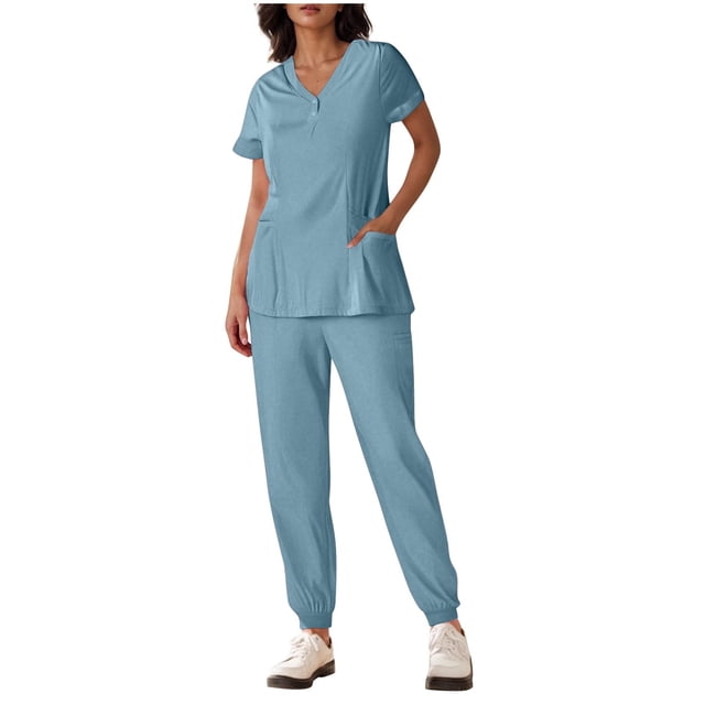 Yanlir Womens Button Down Solid Color Short Sleeve V Neck Blouse and Foot Binding Pants Set Fashion Two Piece Outfit(Light Blue,M)