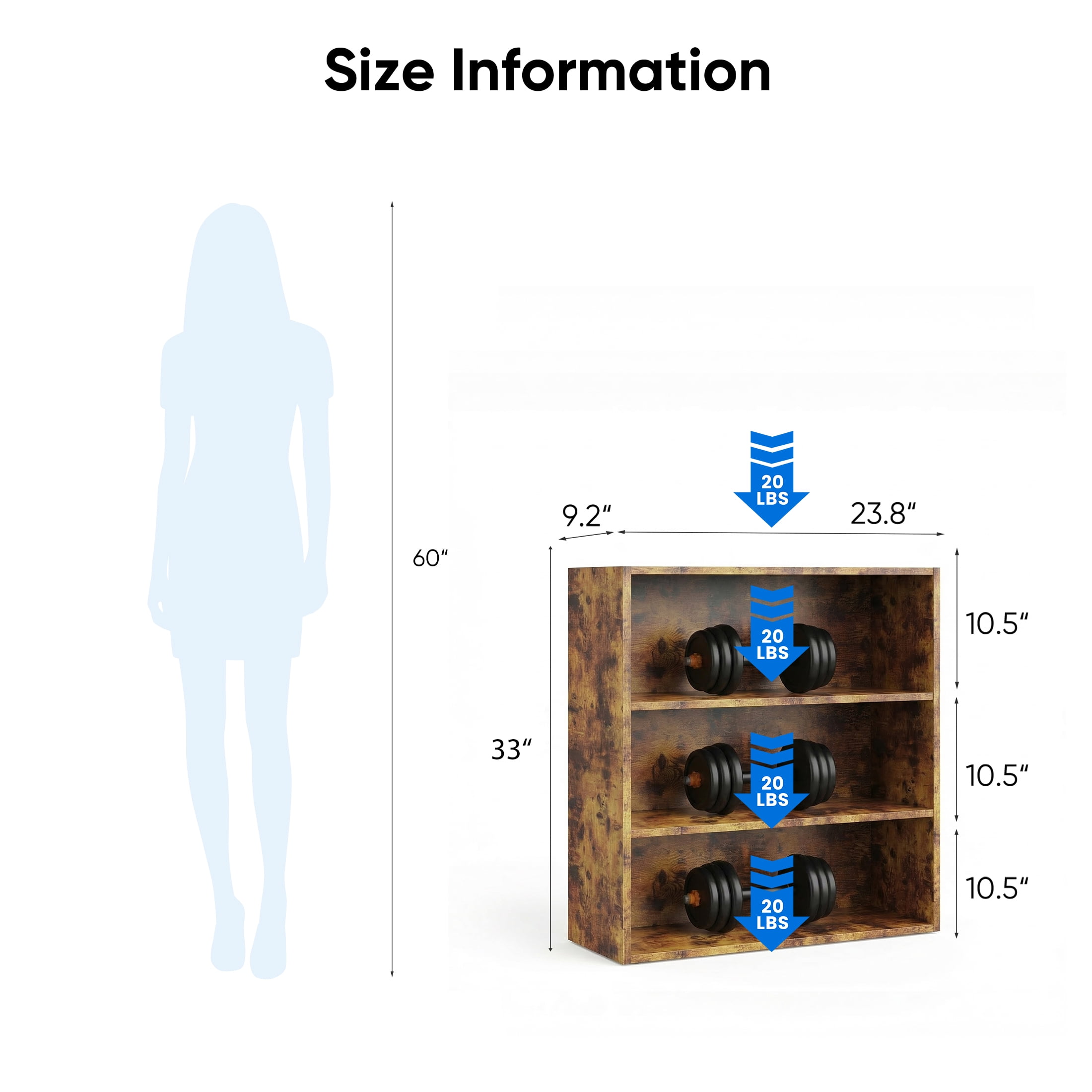 EDX 3 Tier Bookcase Storage, 40 Inch Large Tall Floor Standing Open Bookshelf for Home Office, Living Room, and Bedroom, Rustic Brown