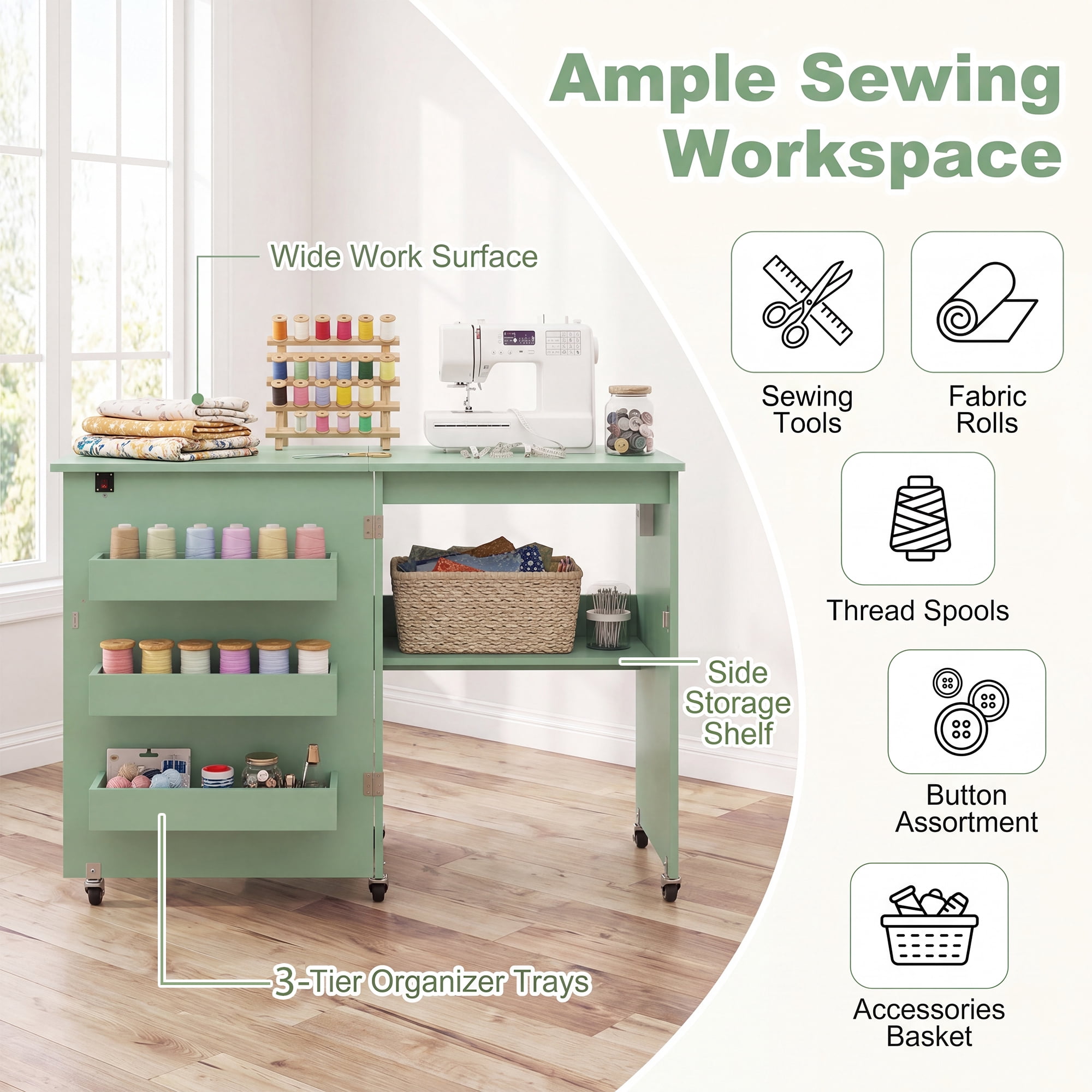 Costway Folding Sewing Machine Table with Power Outlets, 3 Storage Bins & Open Shelf Olive Green