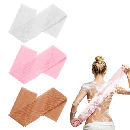 Uxcell 3 Pcs Back Scrubber Nylon Bath Sponge Extended 25 Inch African Exfoliating Long Net Body Scrubber Shower Loofah for Women Men Use Bath White/Coffee/Pink