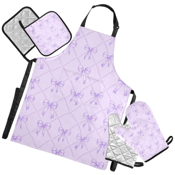 Ryvnso Bows Checkered Purple Kitchen Apron Oven Mitts Set Pot Holders