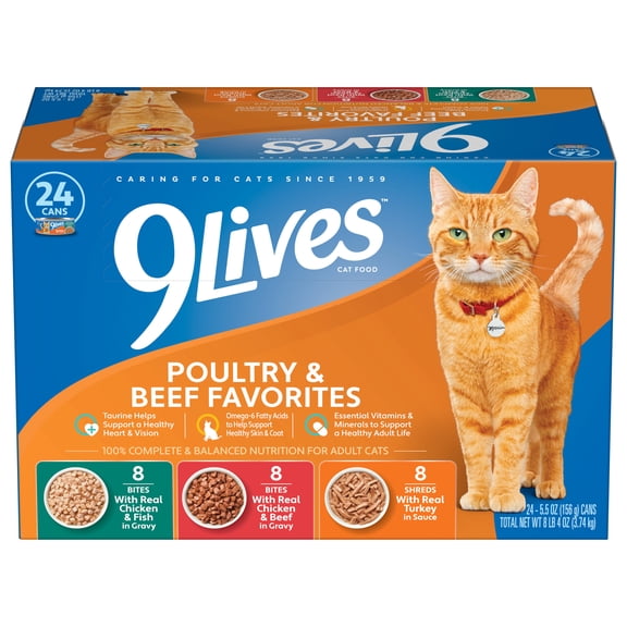 9Lives Poultry & Beef Favorites Wet Cat Food Variety pack, 5.5 oz. Cans (Pack of 24)