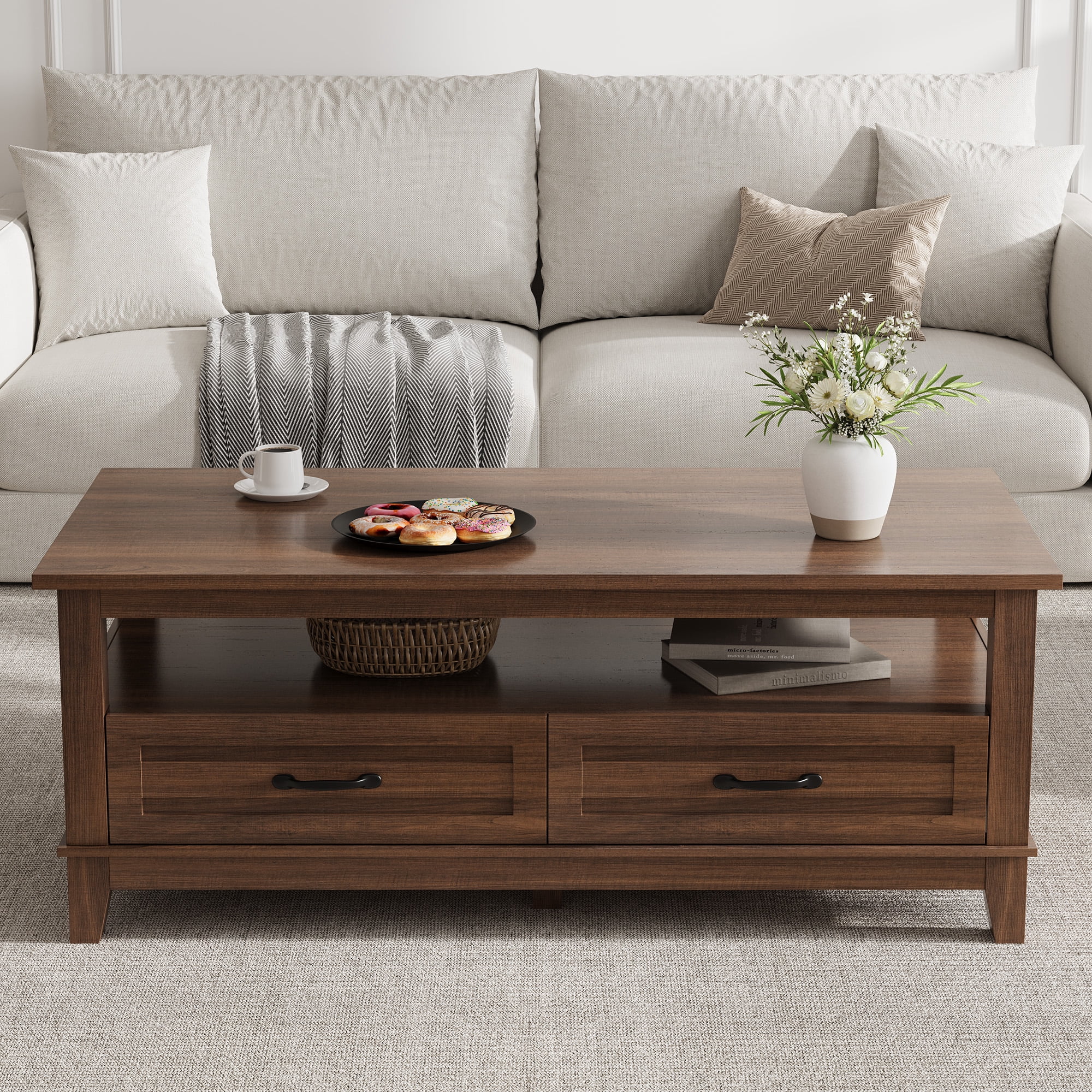47.2" Farmhouse Coffee Table, Rustic Wood Coffee Table with 2 Storage Drawers and Open Shelf, Easy Assembly Living Room Table for Office, Parlor, Reading Room