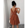 thumbnail image 2 of Rust Brown Womens Round Neck Sleeveless Backless Bowknot Tiered Flare Mini Dress, 2 of 8