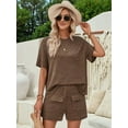 thumbnail image 5 of Women Matching Shorts Knitted Pockets Sets Fall Round Neck 2 Piece Set Summer Short Sleeve Lounge Sets Coffee Color M, 5 of 9