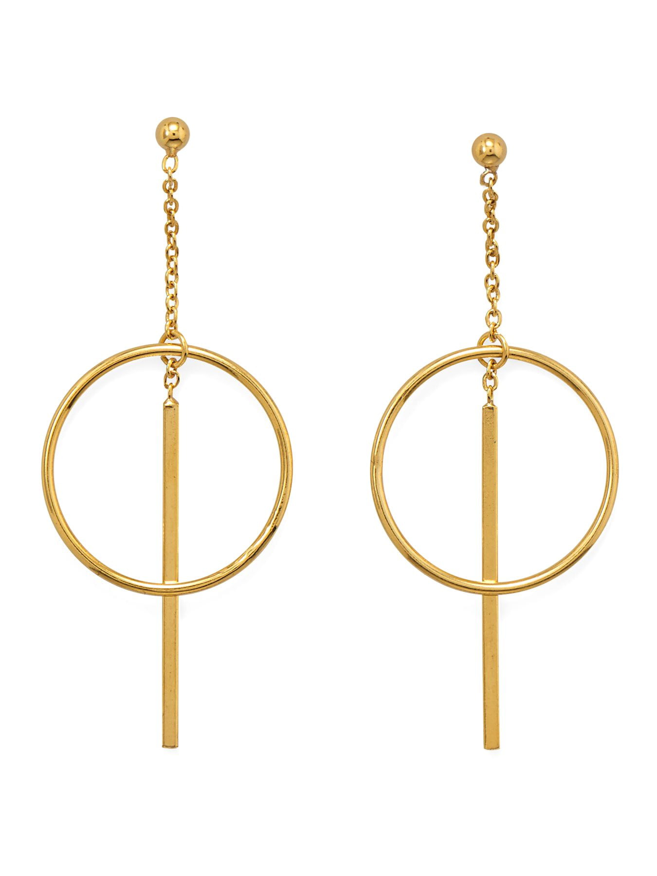 Circle and Bar Dangle Earrings with Chain Ball Post Gold-plated Silver ...