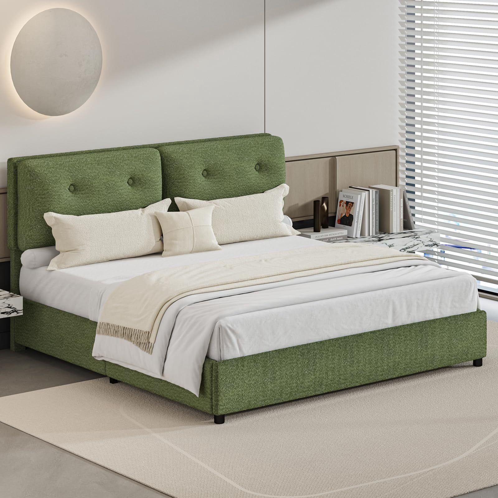 4 EVER WINNER King Bed Frame, King Size Bed Frame with Headboard, Boucle Bed Frame with Removable Pillow Upholstery, No Box Spring Required, Easy Assembly, Green