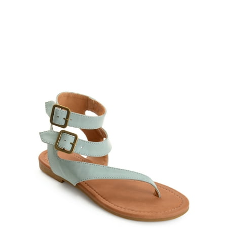 Vintage Metal Leather Thong - Womens Faux Leather Buckle Double Wrap Thong Sandals
