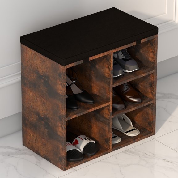 Shoe Storage Bench, 5 Cubbies Shoe Bench with Cushion, 20 Inch Entryway Shoe Organizer, Cubby Shoe Rack with Adjustable Shelves for Entryway Hallway Bedroom Apartment, Rustic Brown