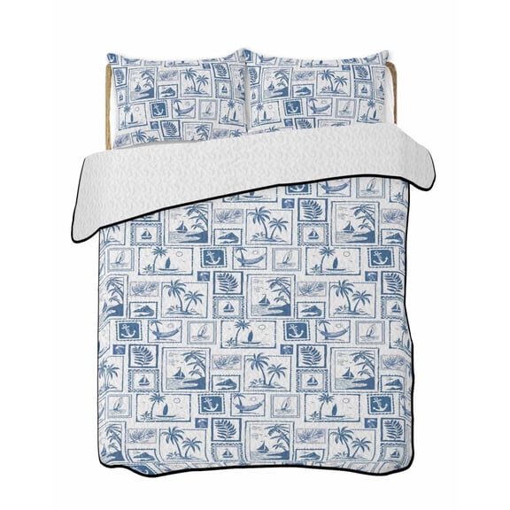 Twin Quilt Bedding Set, Coastal Nautical Reversible Summer Quilt 3 Pieces, Summer Ocean Sea Blue Plaid Checkered Lightweight Bedspreads Coverlets with 2 Pillow Shams for All Seasons