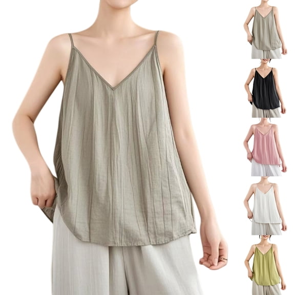 Endives Women's Tanks Camisole Cotton Linen Tank Top Thin V Neck Vest Loose Slimming Top Base Shirt For Women White