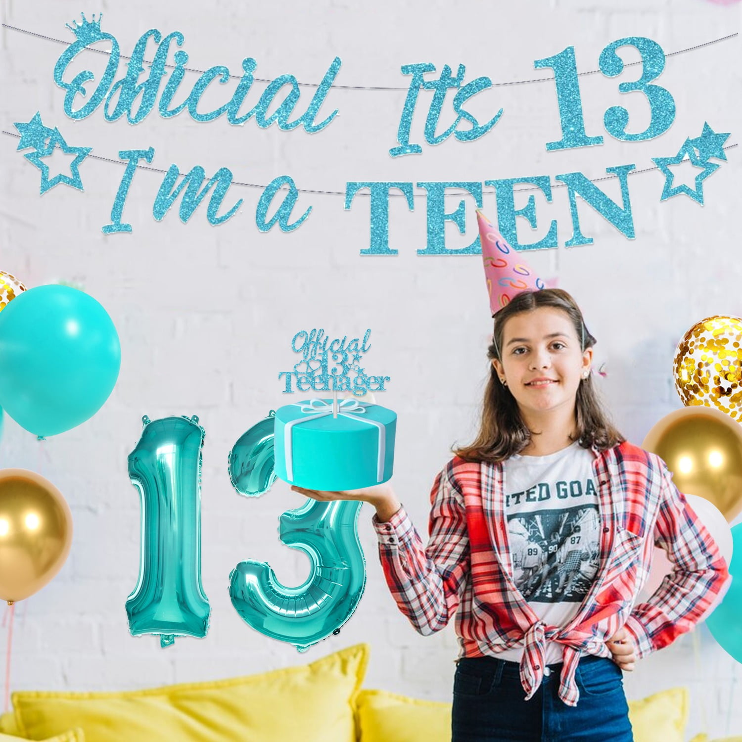 Funmemoir Teal 13th Birthday Door Banner - "Cheers To 13 Years" Porch Decor, OMG UR A Teenager, Turquoise Party Sign (71x14 Inch) - View #3