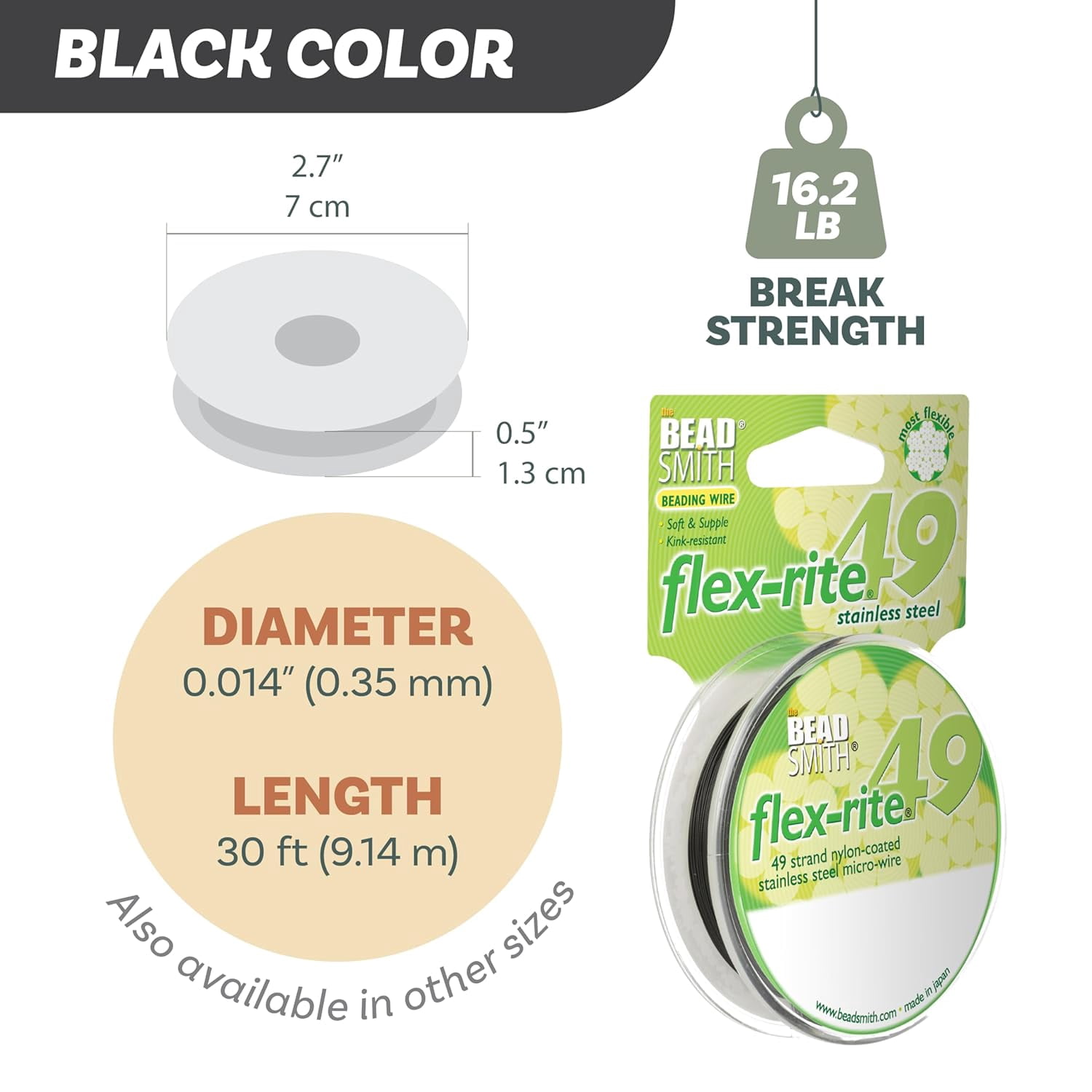 The Beadsmith Flex-Rite Beading Wire - 49-Strand, 0.014" (0.30 mm) Dia, Black, 30 ft