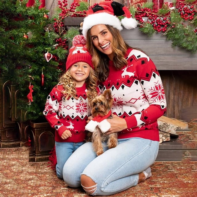 EGNMCR Chandail Col Rond pour Femmes, Chandail pour Femmes Parent-Enfant Col Rond Ample Tempérament Manches Longues Tricot de Noël (Enfants) Chandail pour Femmes