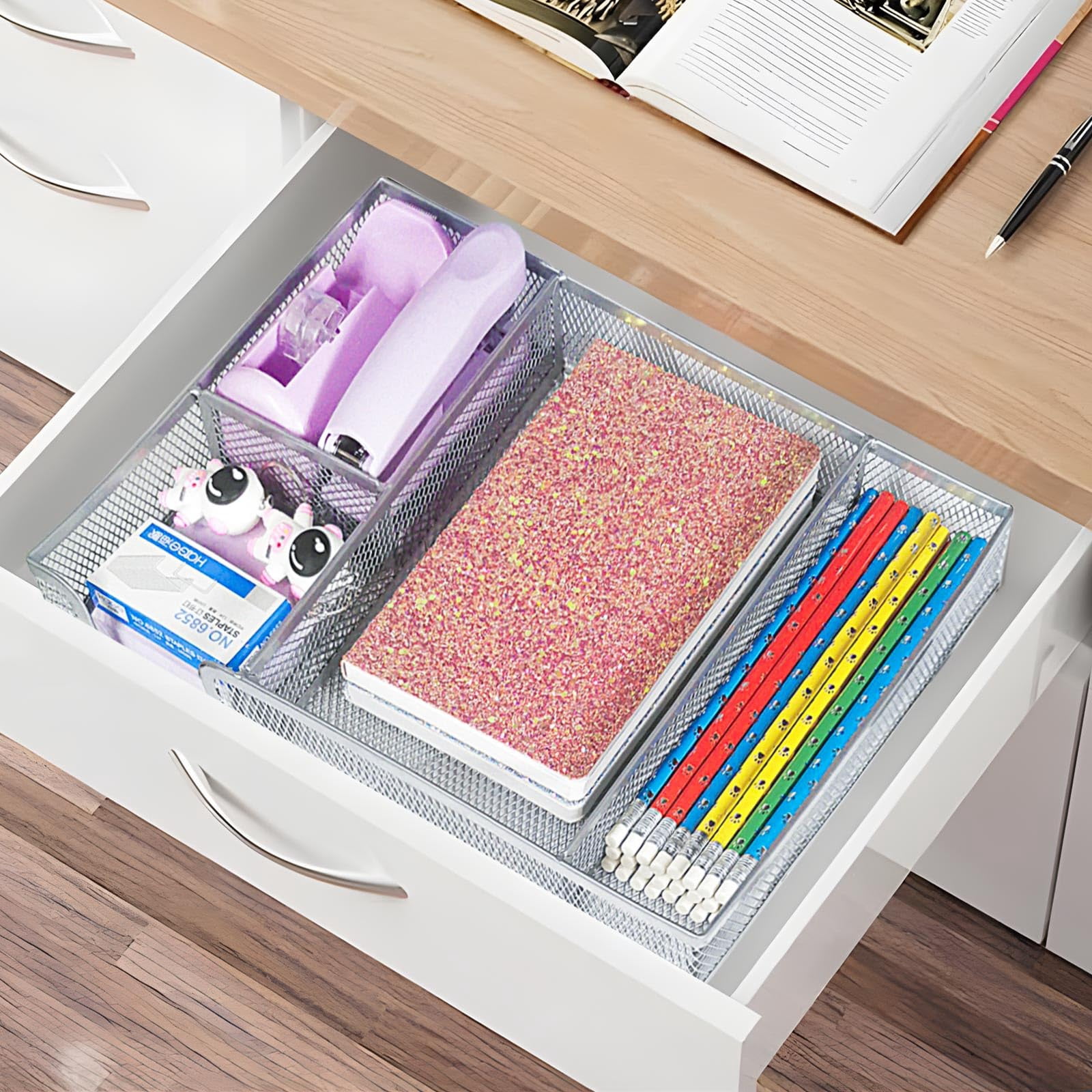 Purple Office Desk Accessories Supplies Set Stapler And Tape Dispenser Staple Remover  Staples Paper Clips Scissor Sticky Note Drawer Organizer