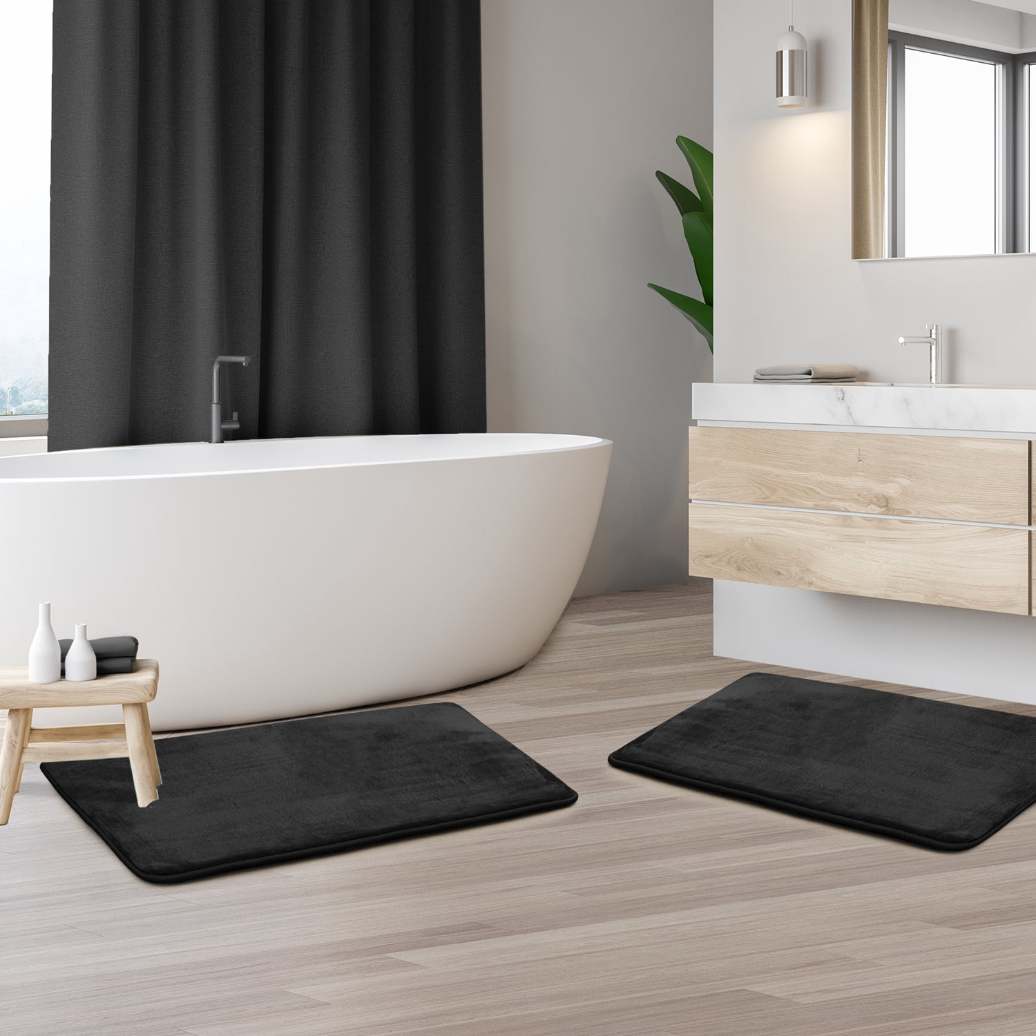 Clara Clark Solid Print Black Memory Foam Bath Rug Set, 17" x 24", Machine Washable (2 Count)