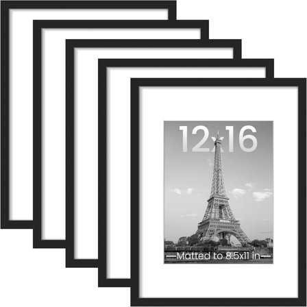 12x16 Picture Frame Set of 5, Display Pictures 8.5x11 with Mat or 12 x 16 Without, Wall Gallery Poster Frames, Black