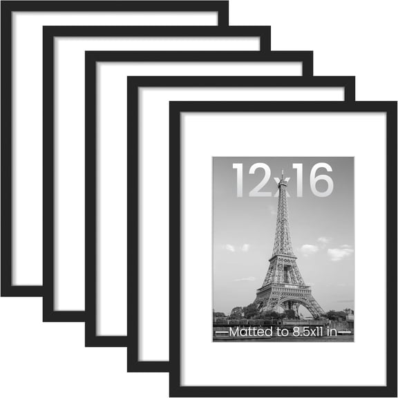 12x16 Picture Frame Set of 5, Display Pictures 8.5x11 with Mat or 12 x 16 Without, Wall Gallery Poster Frames, Black