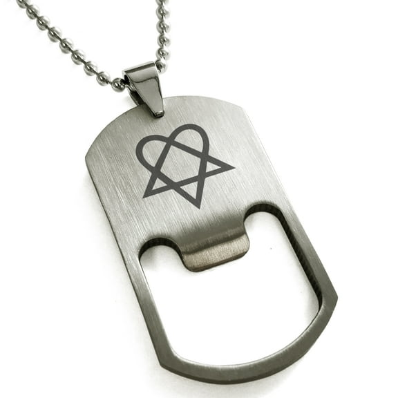 Tioneer Stainless Steel Heartagram Engraved Bottle Opener Dog Tag Pendant Necklace