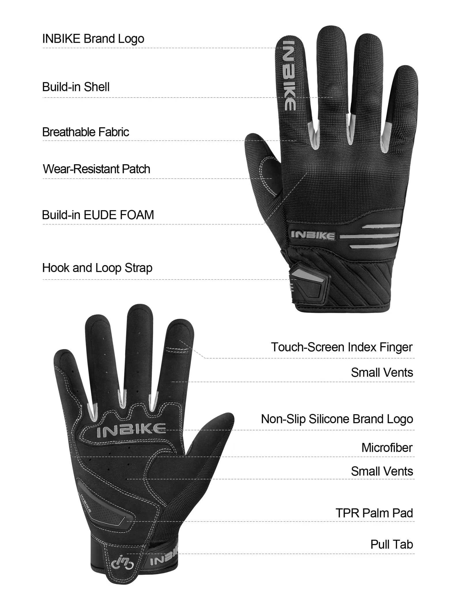 INBIKE Motorcycle Gloves MTB Touchscreen with Thicken Padded & TPR Knuckle Protection Road Bike Gloves Black X-Large