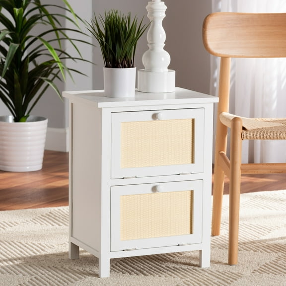 Baxton Studio Sariah Mid-Century Modern White Finished Wood and Rattan 2-Door End Table