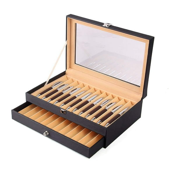 Boîte d'Affichage pour Stylos 24 Pcs en Flanelle de Cuir Noir, Boîte de Rangement pour Stylos en Verre avec Couvercle, Fenêtre en Verre Supérieure à Deux Niveaux avec Tiroir (Noir)