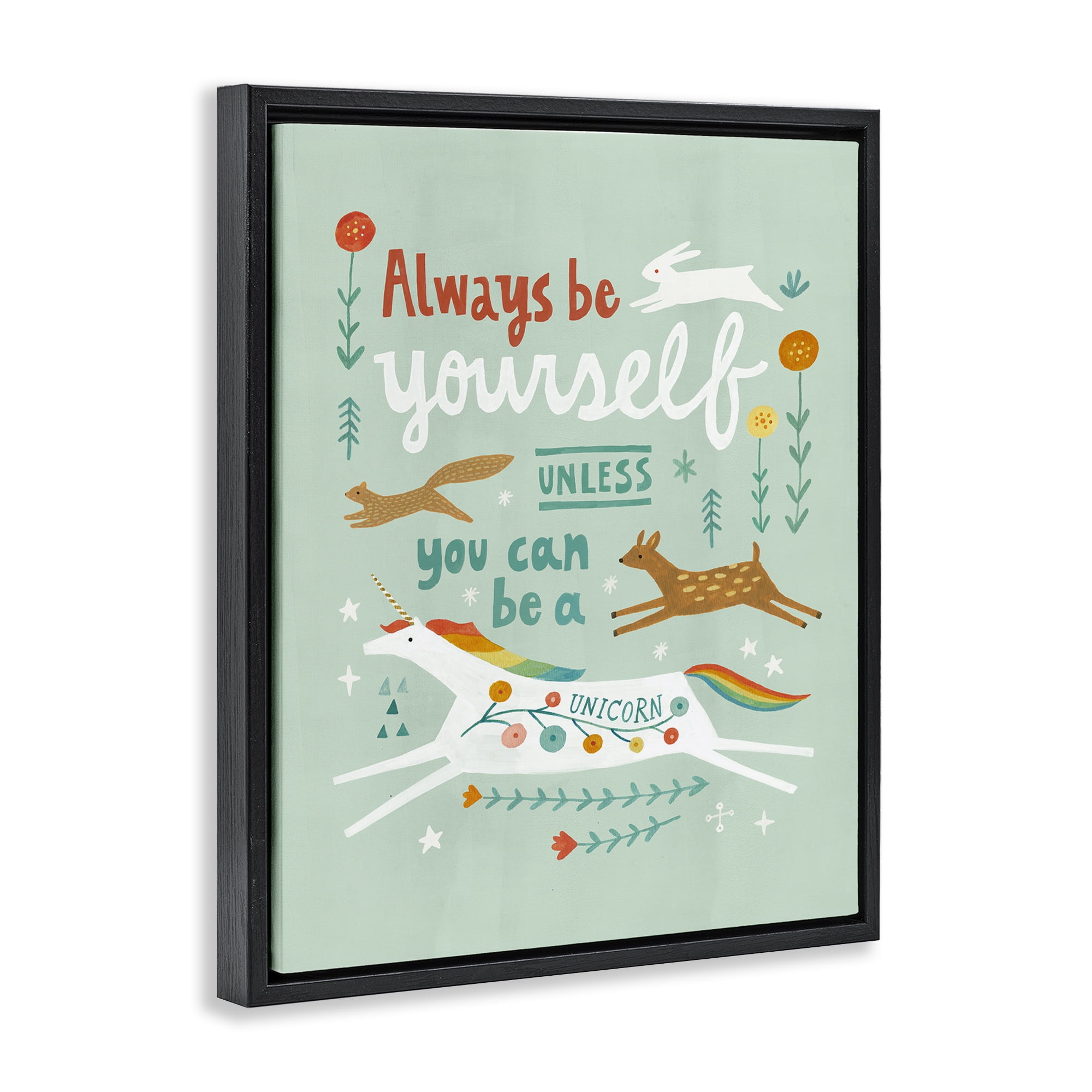 Stupell Industries Be A Unicorn with Wildlife Animals Painting Black Floater Framed Canvas Art Print Wall Art, 17 x 21