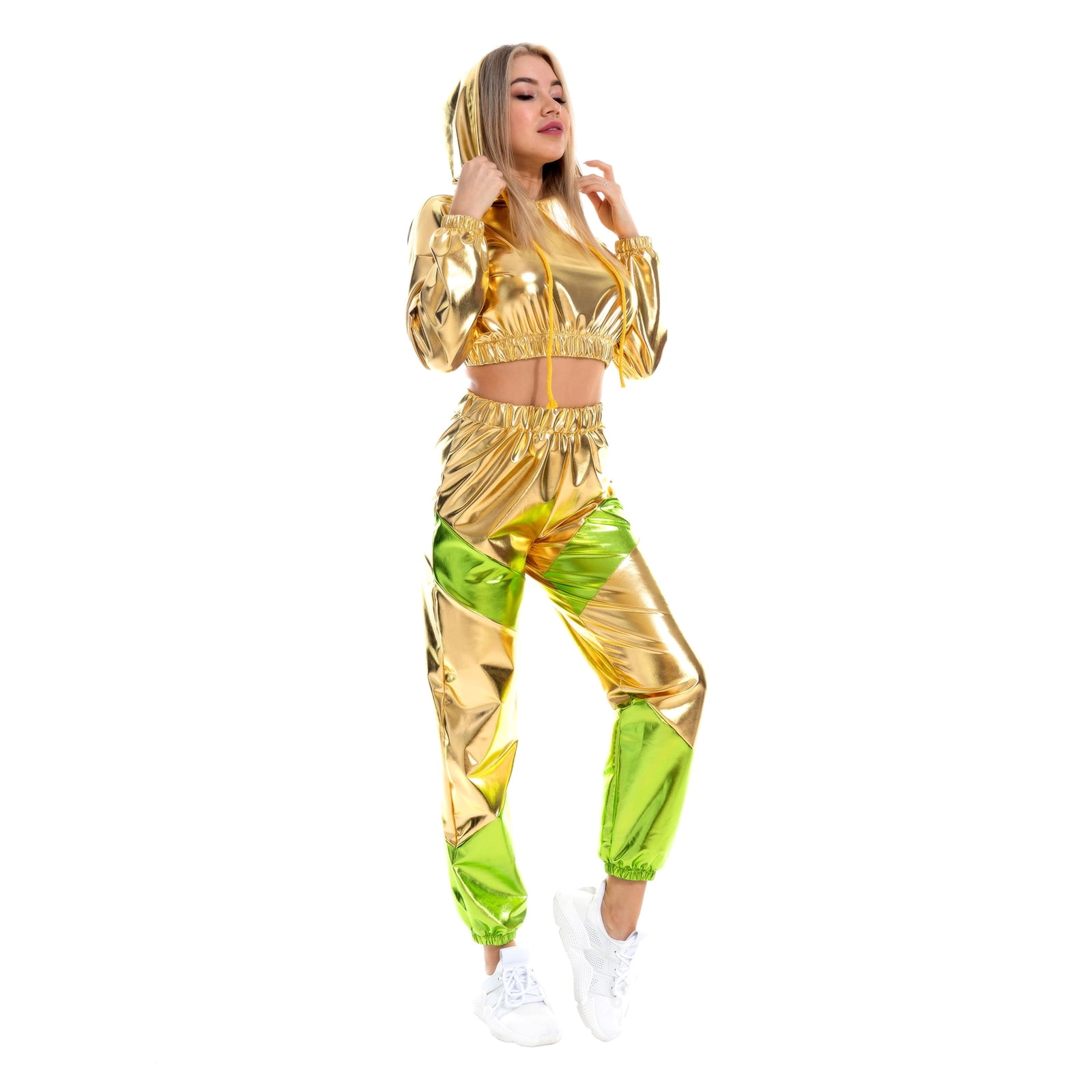 IBTOM CASTLE Women's Rave Outfit Shiny Crop Top Hoodie Casual Long Pants Hooded Workout Sweatshirt Dance Clubwear XL Gold